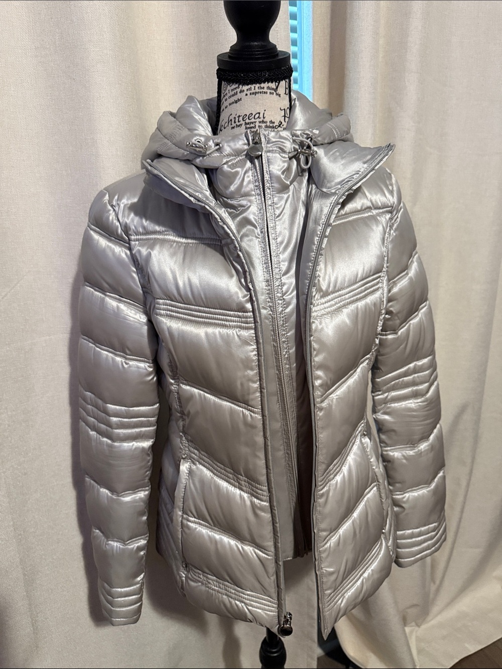 Laundry by Shelli Segal Silver Metallic Hooded Puffer Jacket Sz S